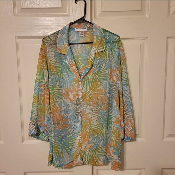NWOT Cathy Daniels sheer half sleeve collard  button-down blouse - Picture 1 of 7